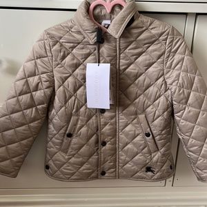 Girls BURBERRY Mini Lyle Quilted Jacket in a mink color.